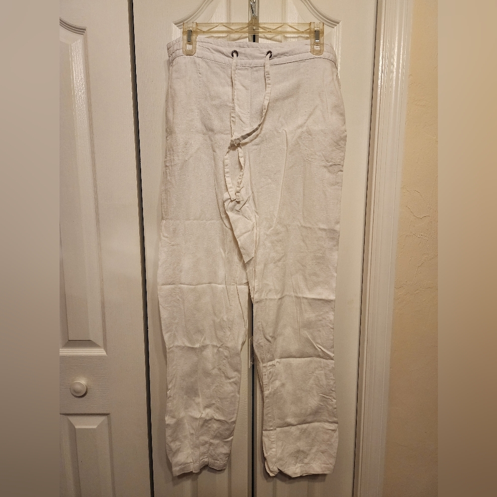Per Se White Linen Blend Drawstring Pants. *K-799.5